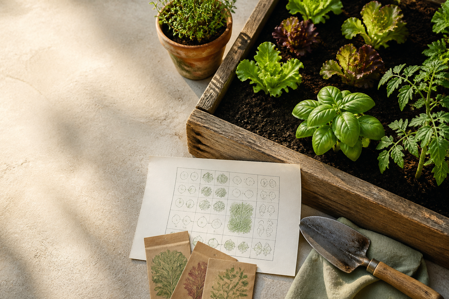 A small vegetable bed beside a hand-drawn planting plan and garden trowel